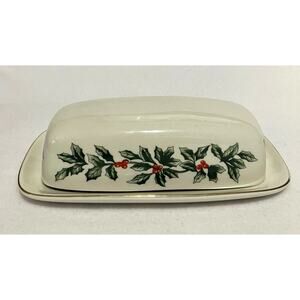 Vtg Formalities Baum Bros Covered Butter Dish Holly Berries Holds 1/4 lb. Stick